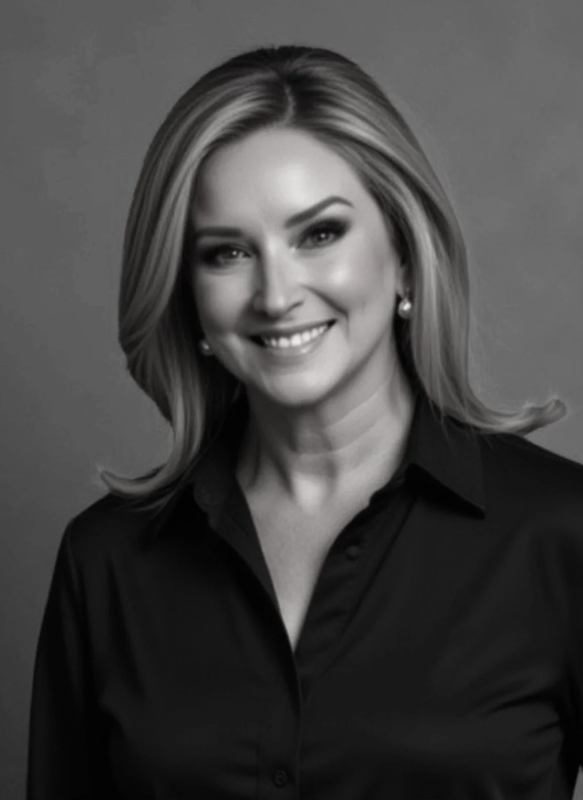 black and white professional headshot of a woman with blonde hair in a black button down shirt smiling