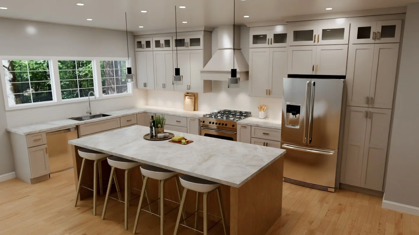 Modern kitchen with white cabinets, marble countertop island, stainless steel refrigerator, and light wood floors. Large window above sink showing outside greenery.