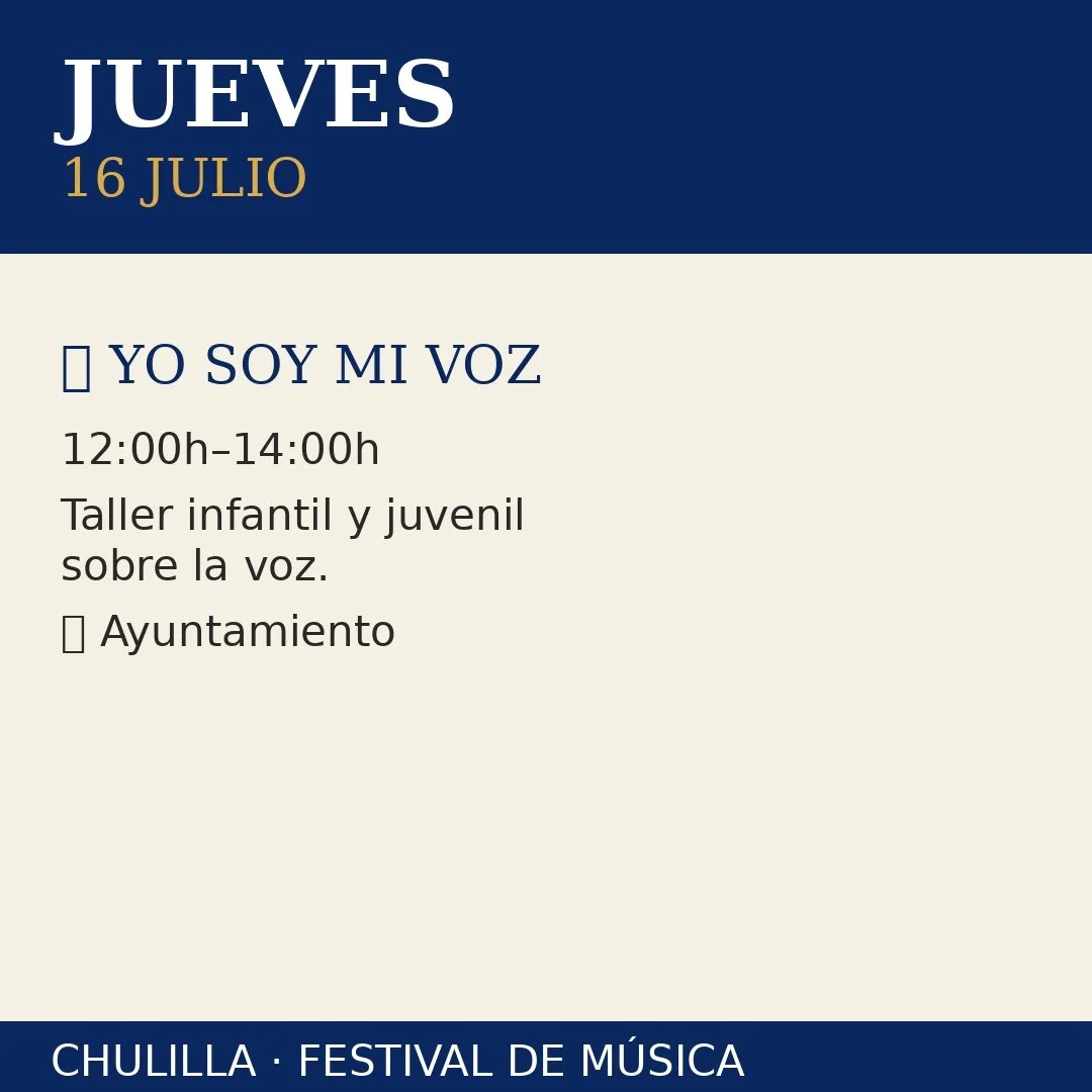 Cartel de festival de música en Chullila, con fecha 16 de julio, que anuncia un taller infantil y juvenil sobre la voz, de 12 a 14 horas.