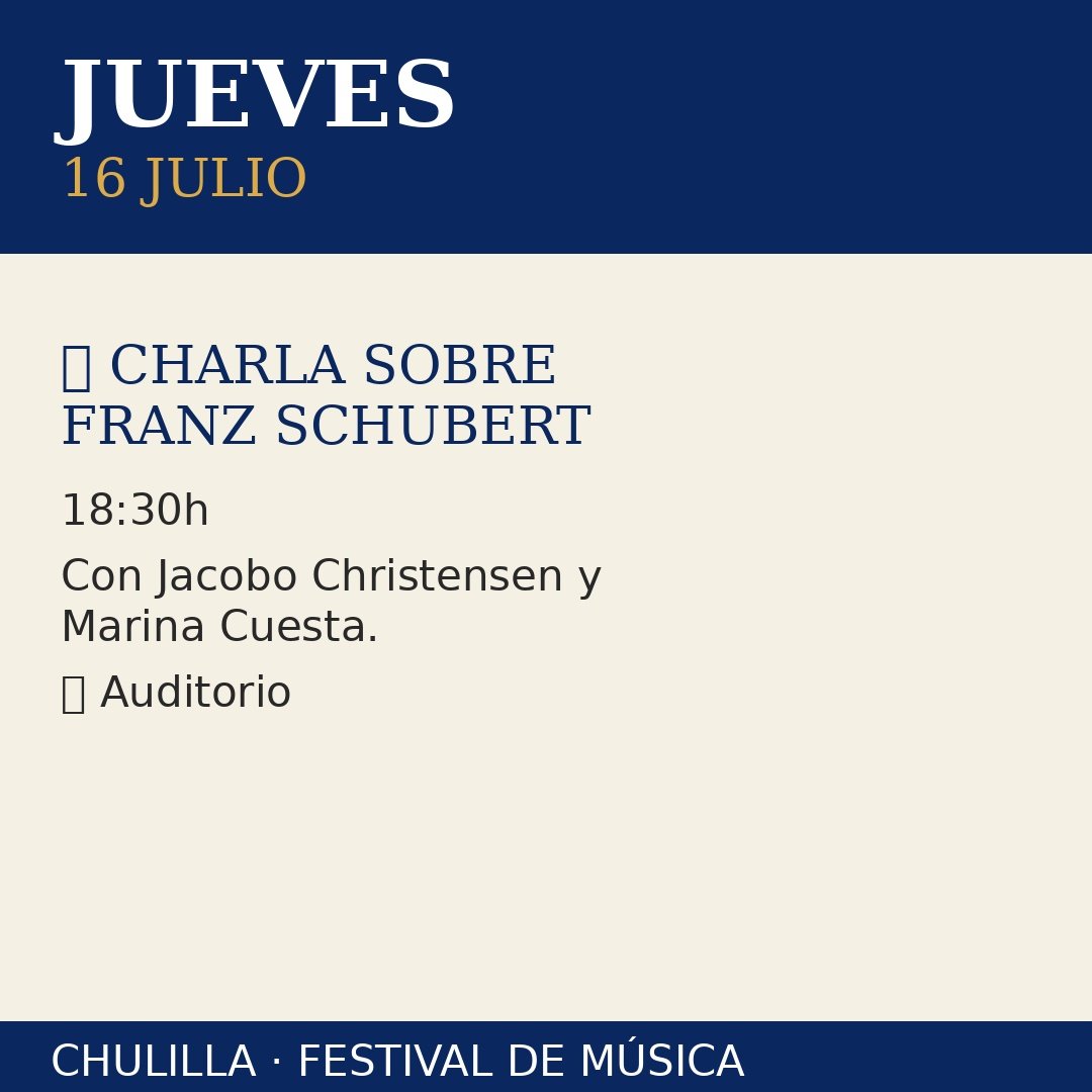 Cartel de evento musical que indica una charla sobre Franz Schubert el jueves 16 de julio a las 18:30 horas, con Jacobo Christensen y Marina Cuesta, en el auditorio, como parte del Festival de Música en Chullila.