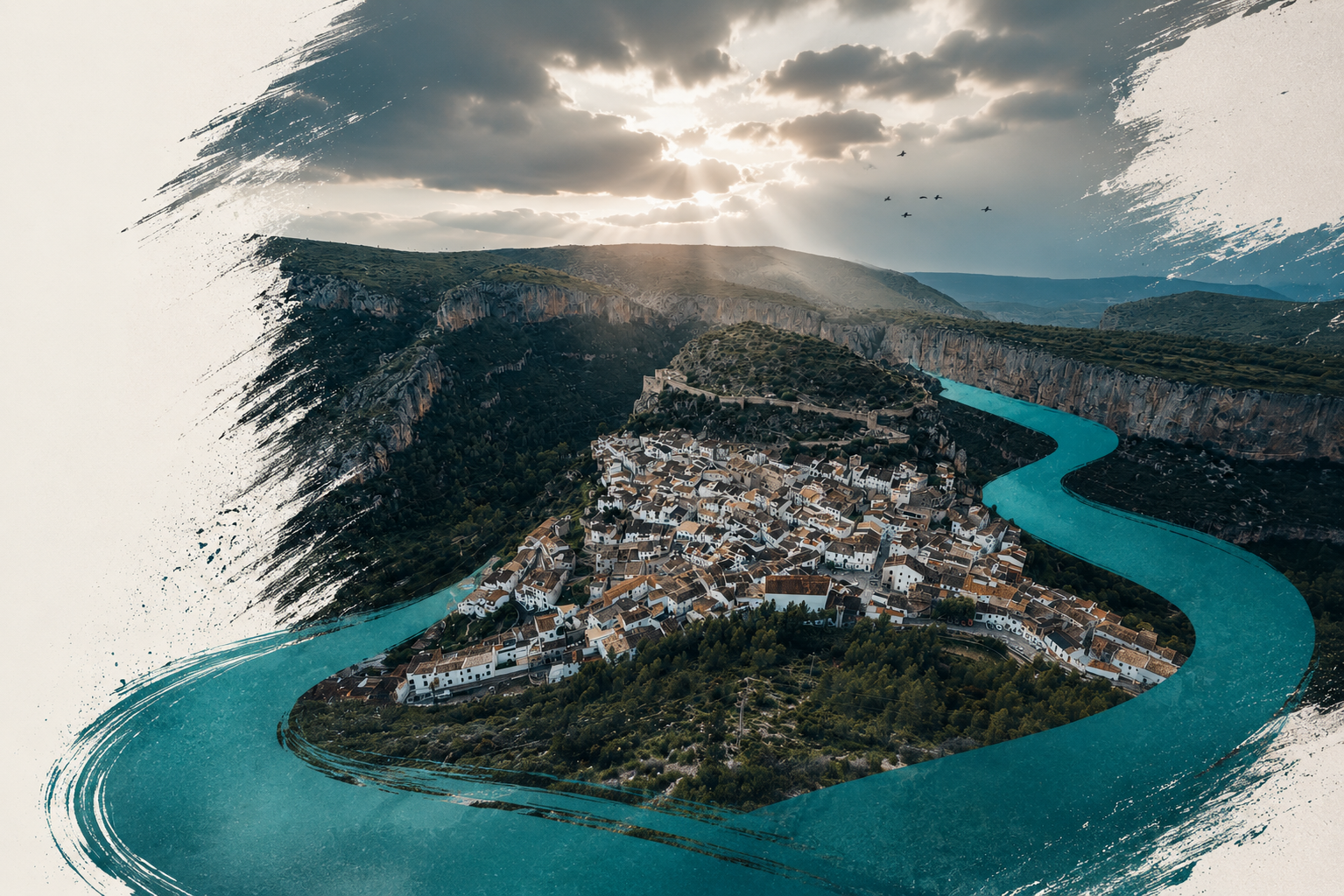 Pintura digital de un pueblo en una ladera, rodeado por un río que lo atraviesa, con montañas y un cielo nublado al fondo.