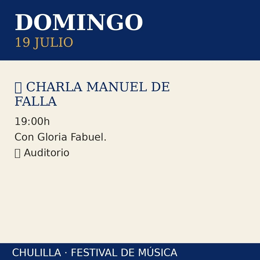 Cartel con información del evento, fecha 19 de julio, detalles de la charla con Gloria Fabuél, hora 19:00, en el auditorio, parte de un festival de música en Chulla.