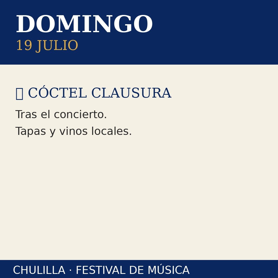 Cartel informando sobre evento del domingo 19 de julio con cierre de cóctel, después del concierto, con tapas y vinos locales, en Chullla, festival de música.
