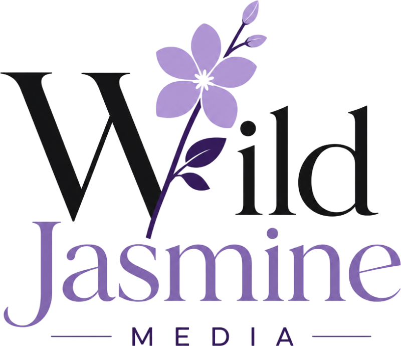 Purple flower above the word "Jasmine" in stylized text, with "Wild" partially visible in the background.