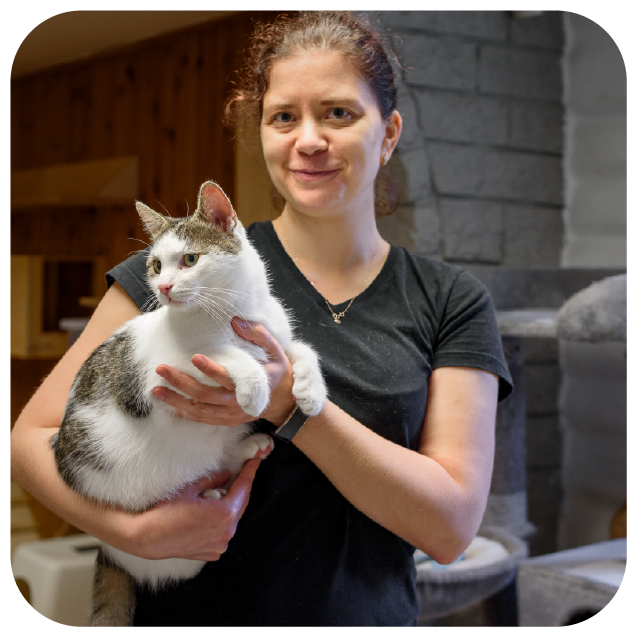 Volunteer holding rescue cat indoors at Alaska foster home near fireplace