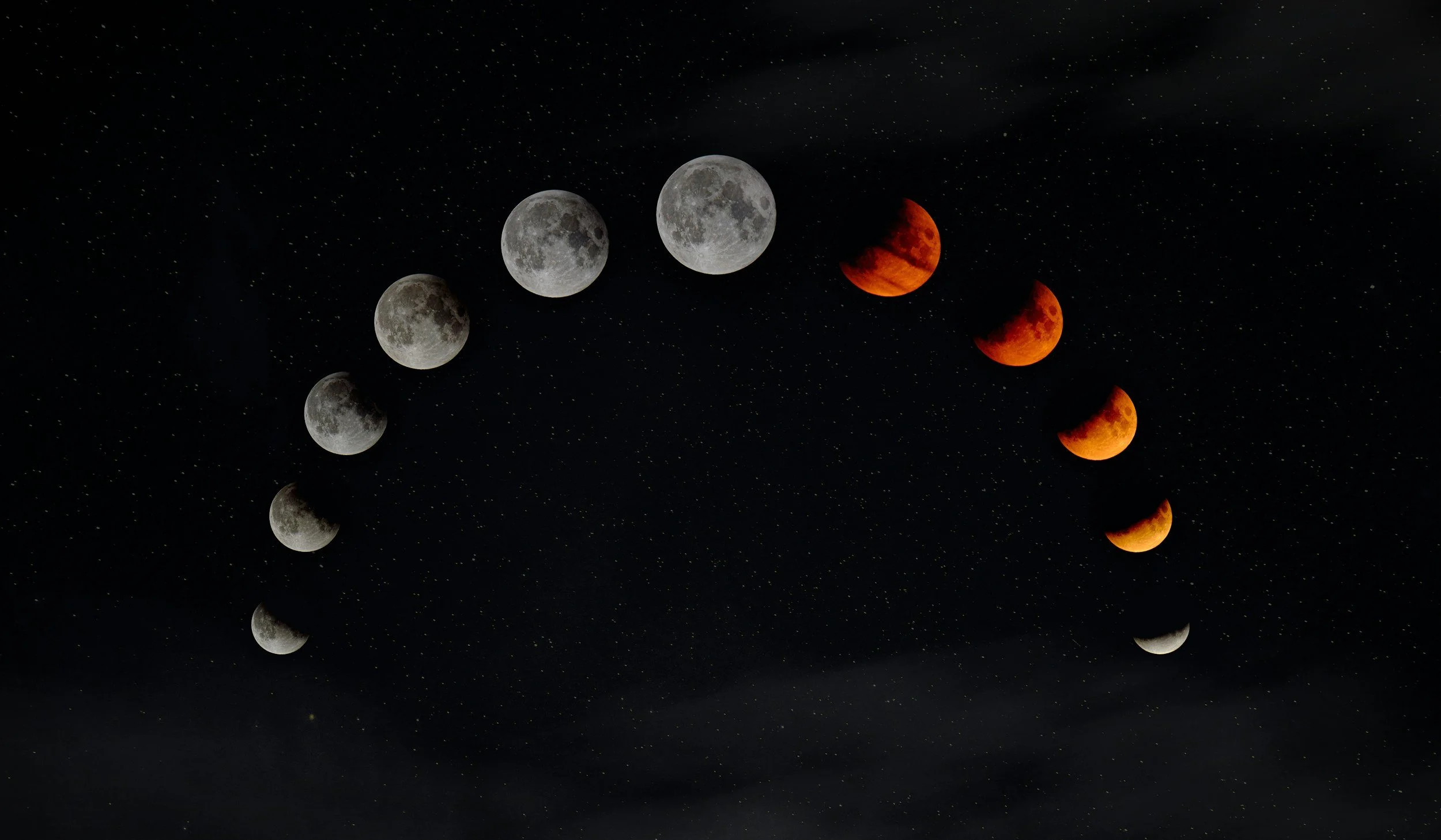 Sequence of moon phases illustrating lunar eclipse with stages from full moon to partial and total eclipse, against a starry night sky.