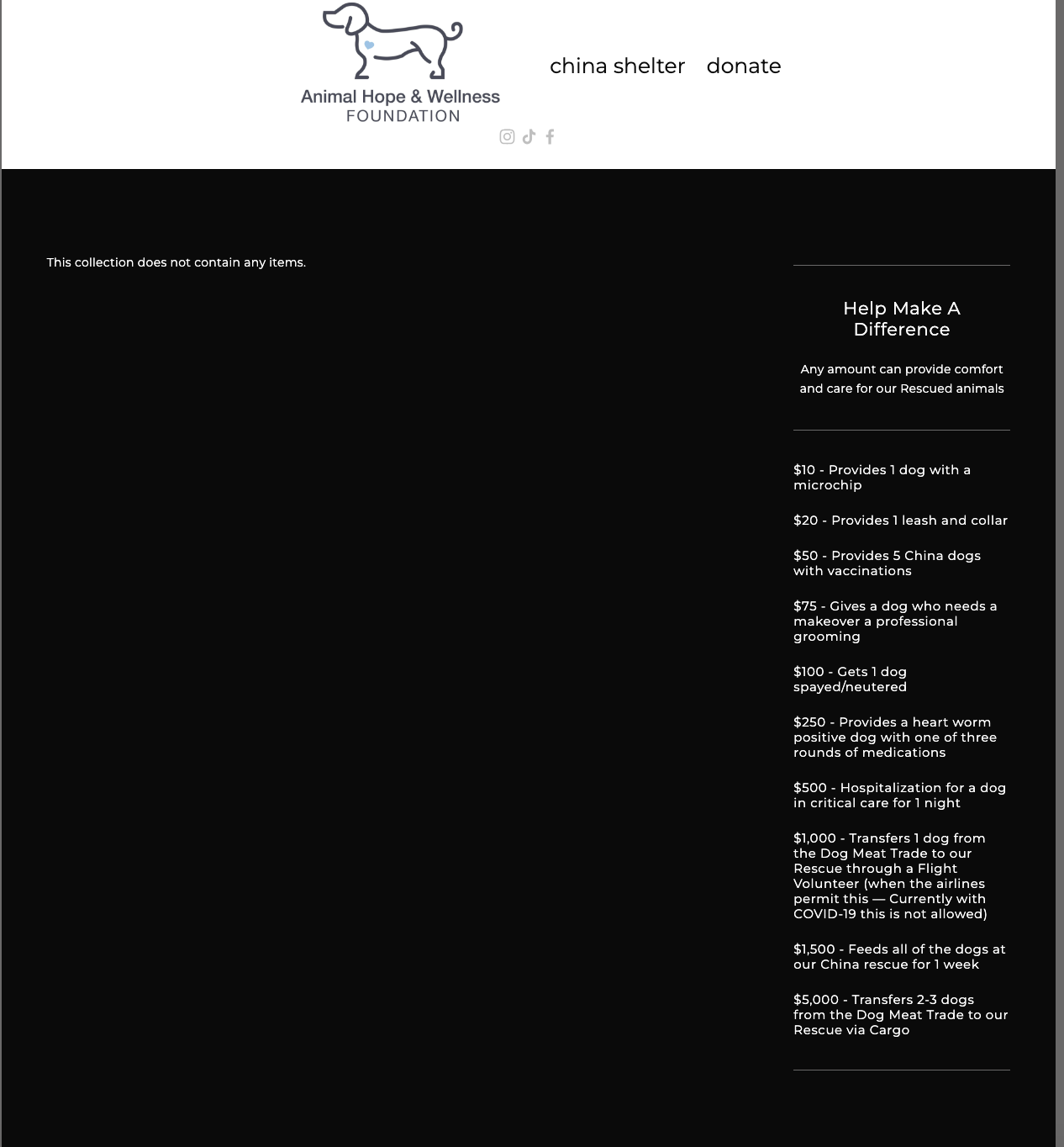 Screenshot of a donation page for Animal Hope & Wellness Foundation, featuring a logo with a dog, and a list of donation amounts with descriptions for supporting rescued animals.