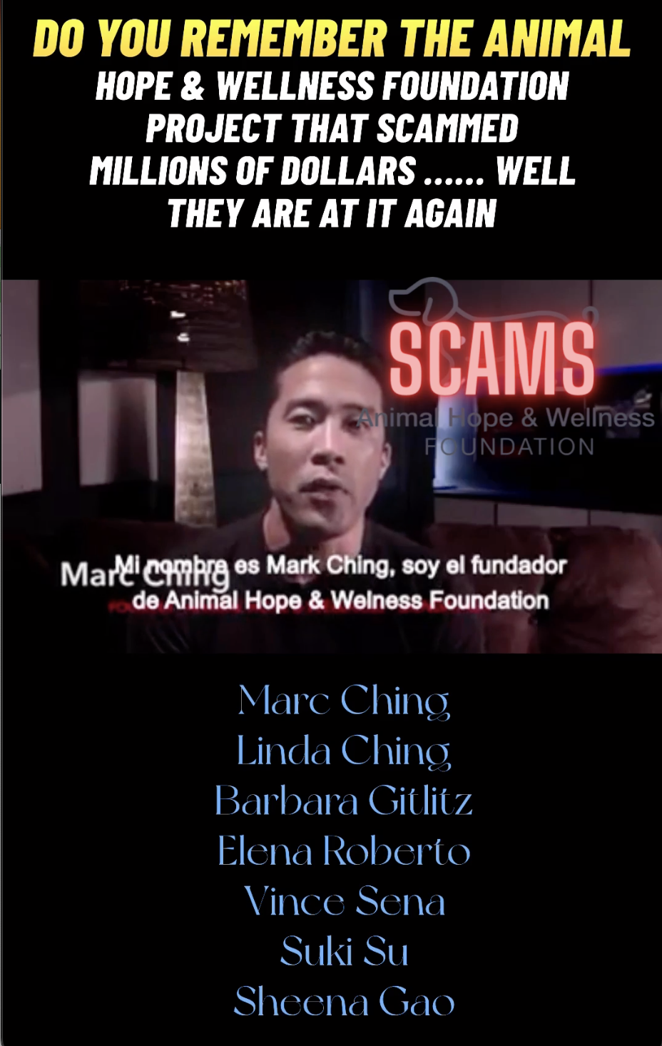 Video 2006 when Marc Ching starting scams the world and used this face in the compassion project to kill countless dogs cats and animals for financial gain and he is now doing it again