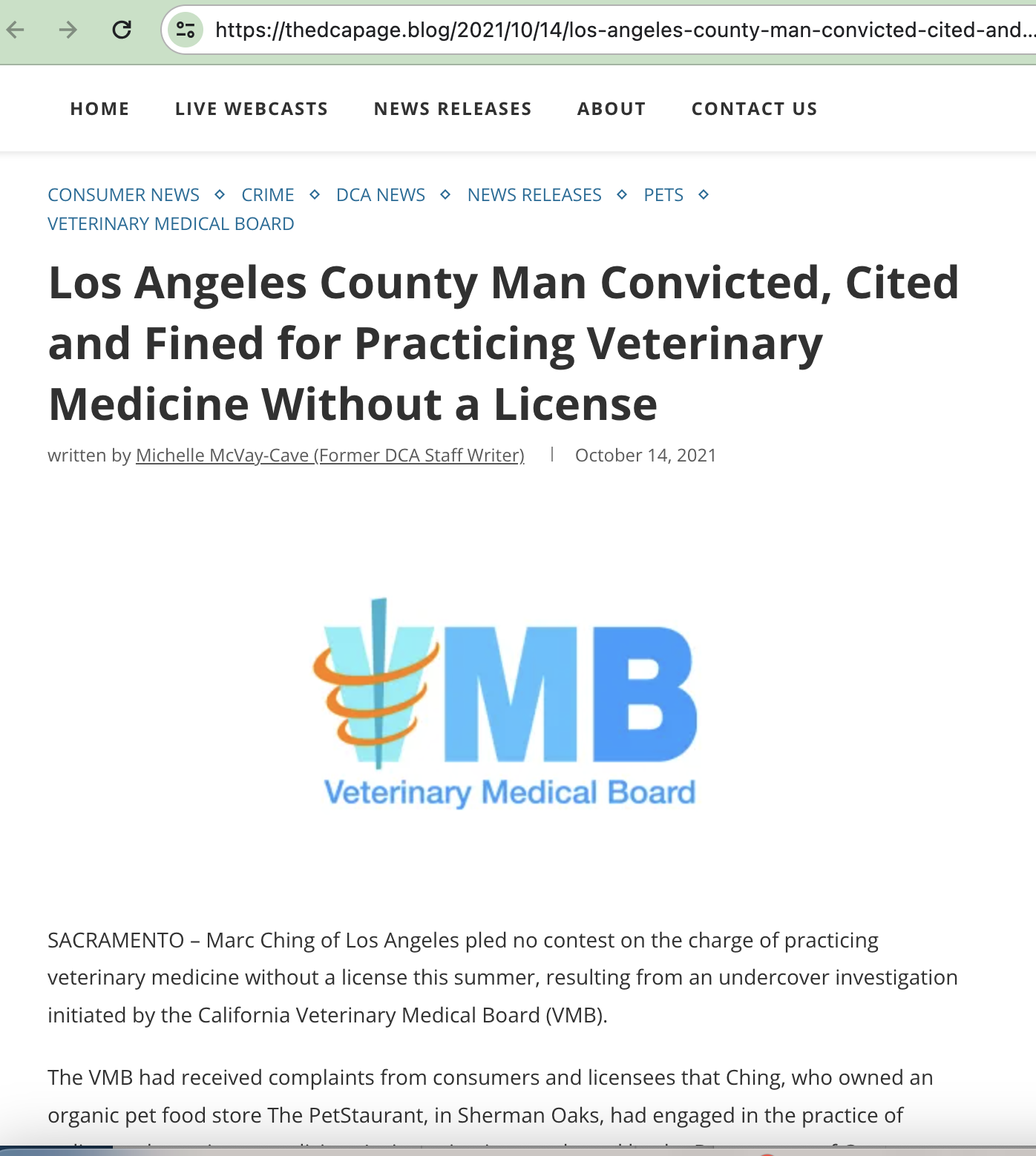 Los Angeles County Man Convicted, Cited and Fined for Practicing Veterinary Medicine Without a License. The page displays a logo of the Veterinary Medical Board, featuring a blue caduceus with an orange wrap, and the text "VMB Veterinary Medical Board" in blue.
