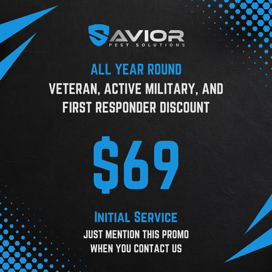 Promotion from Aviar Pest Solutions offering a $69 initial service discount for veterans, active military, and first responders, valid year-round.