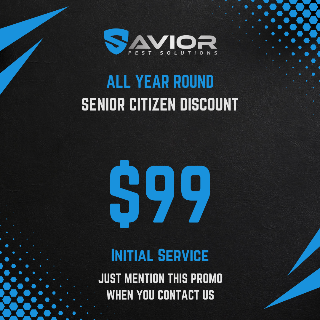Advertisement for Aviar Pest Solutions offering a senior citizen discount of $99 for initial service, with a promo code to mention when contacting.