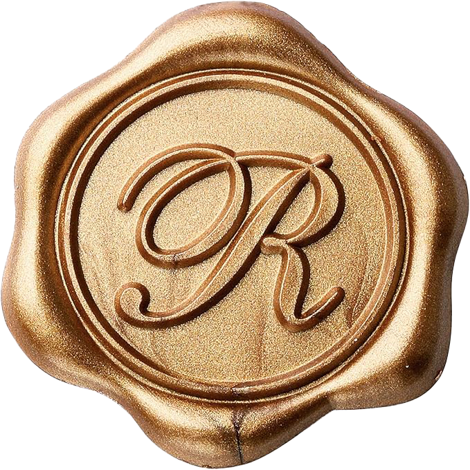 A gold wax seal featuring an engraved letter 'R' in cursive inside a circle.