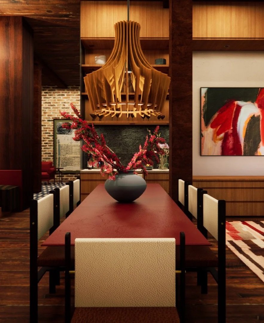 A modern dining room with a red wooden table, white cushioned chairs, a large gray vase with pink and red flowers at the center, a wooden chandelier hanging above, and a colorful abstract painting on the wall.