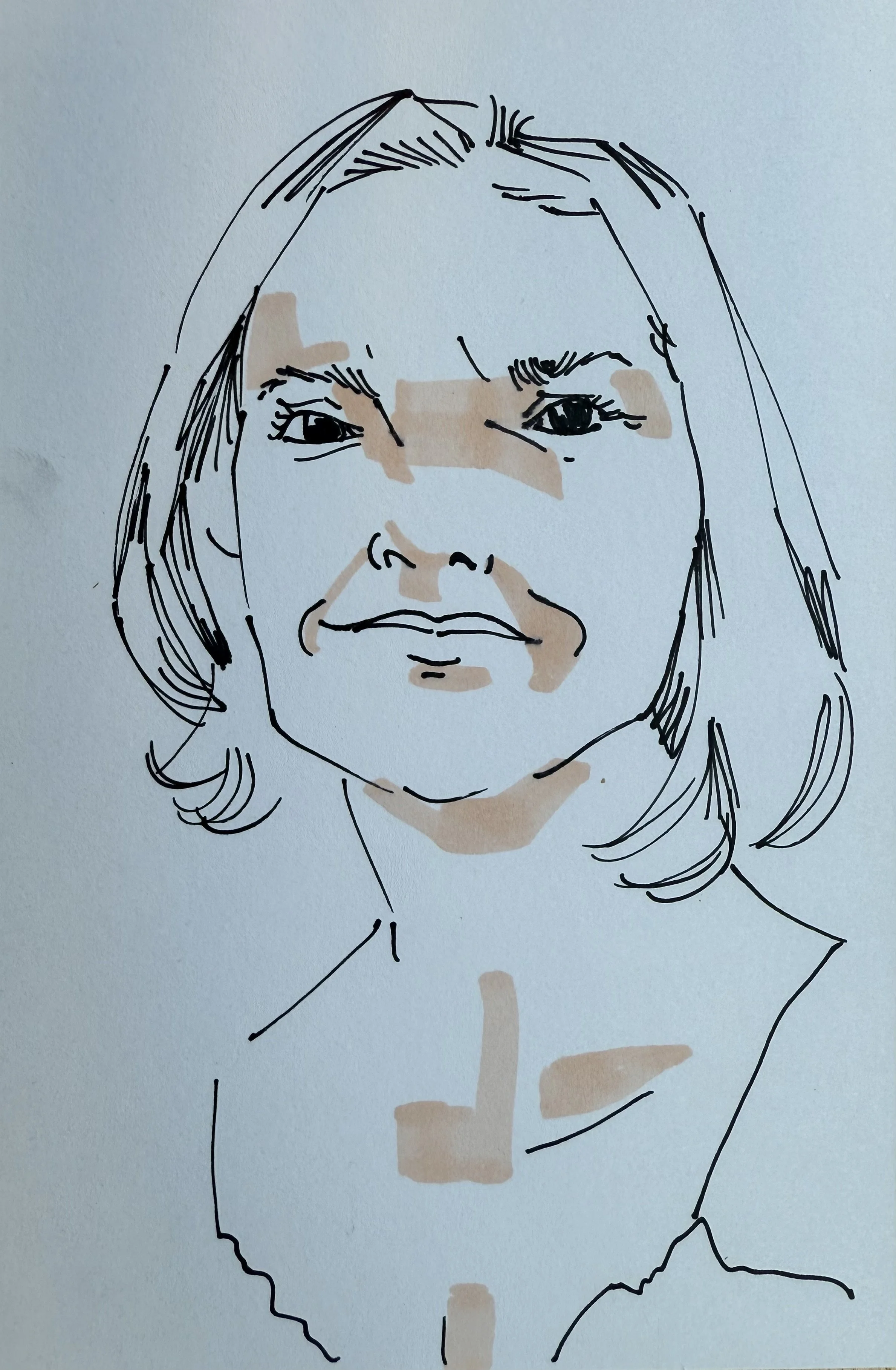 Line drawing of a woman's face with minimal coloring, showing shoulder-length hair and a slight smile.
