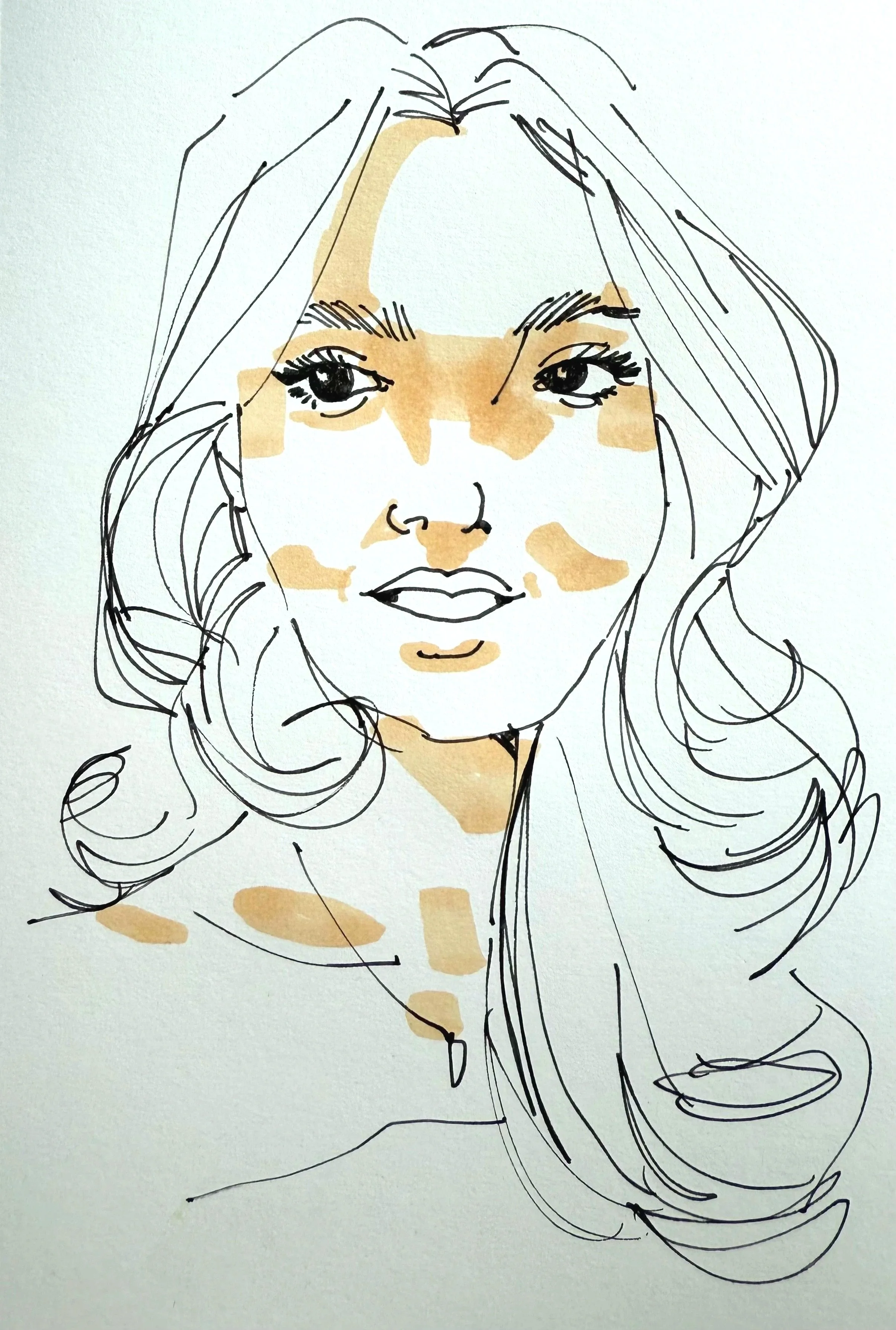 A minimalist portrait of a woman with long wavy hair, large eyes, and full lips, created with black ink lines and light brown shading.