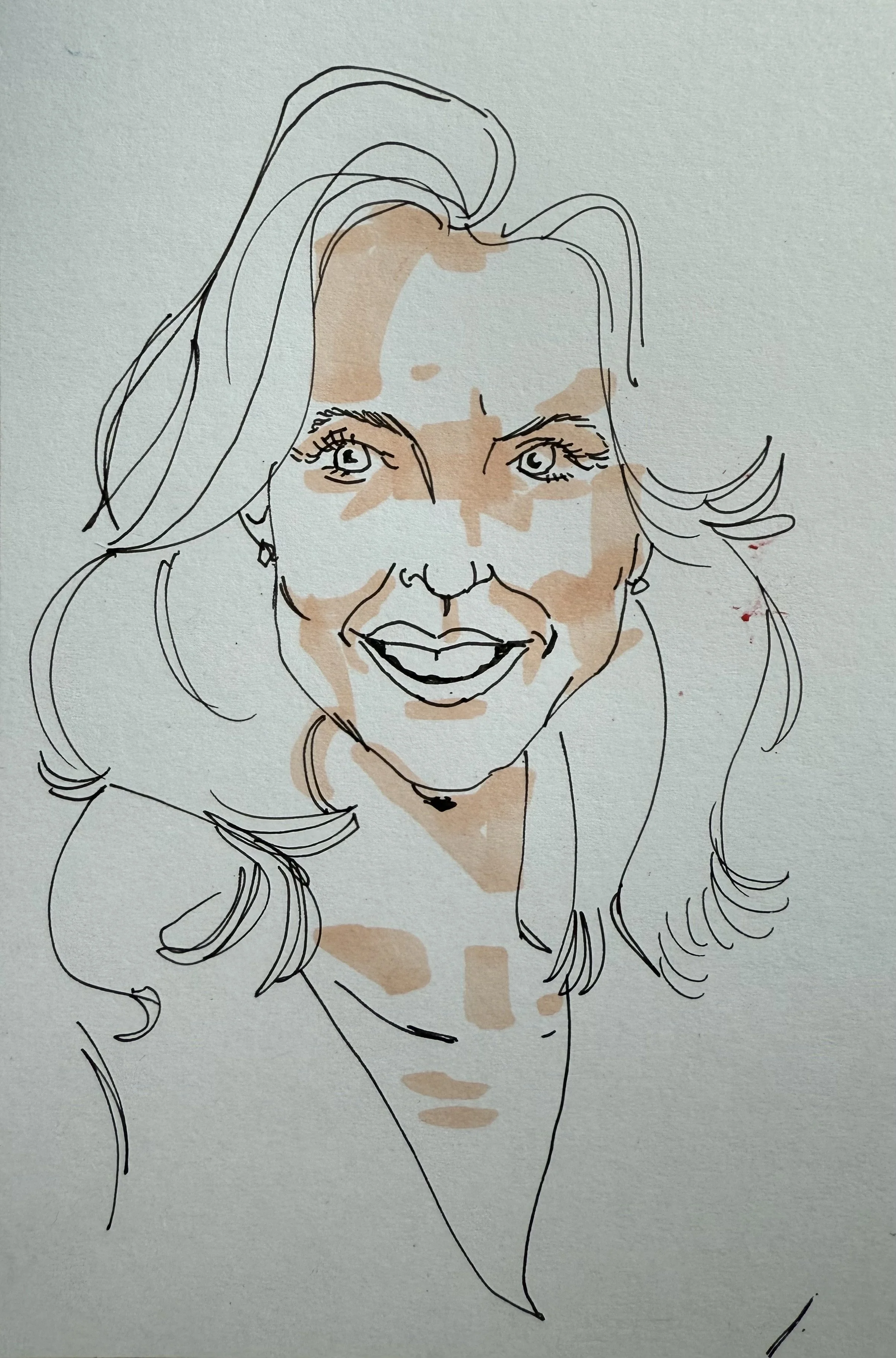 A line drawing of a woman's face with watercolor shading, showing her with wavy hair, blue eyes, and a smile.