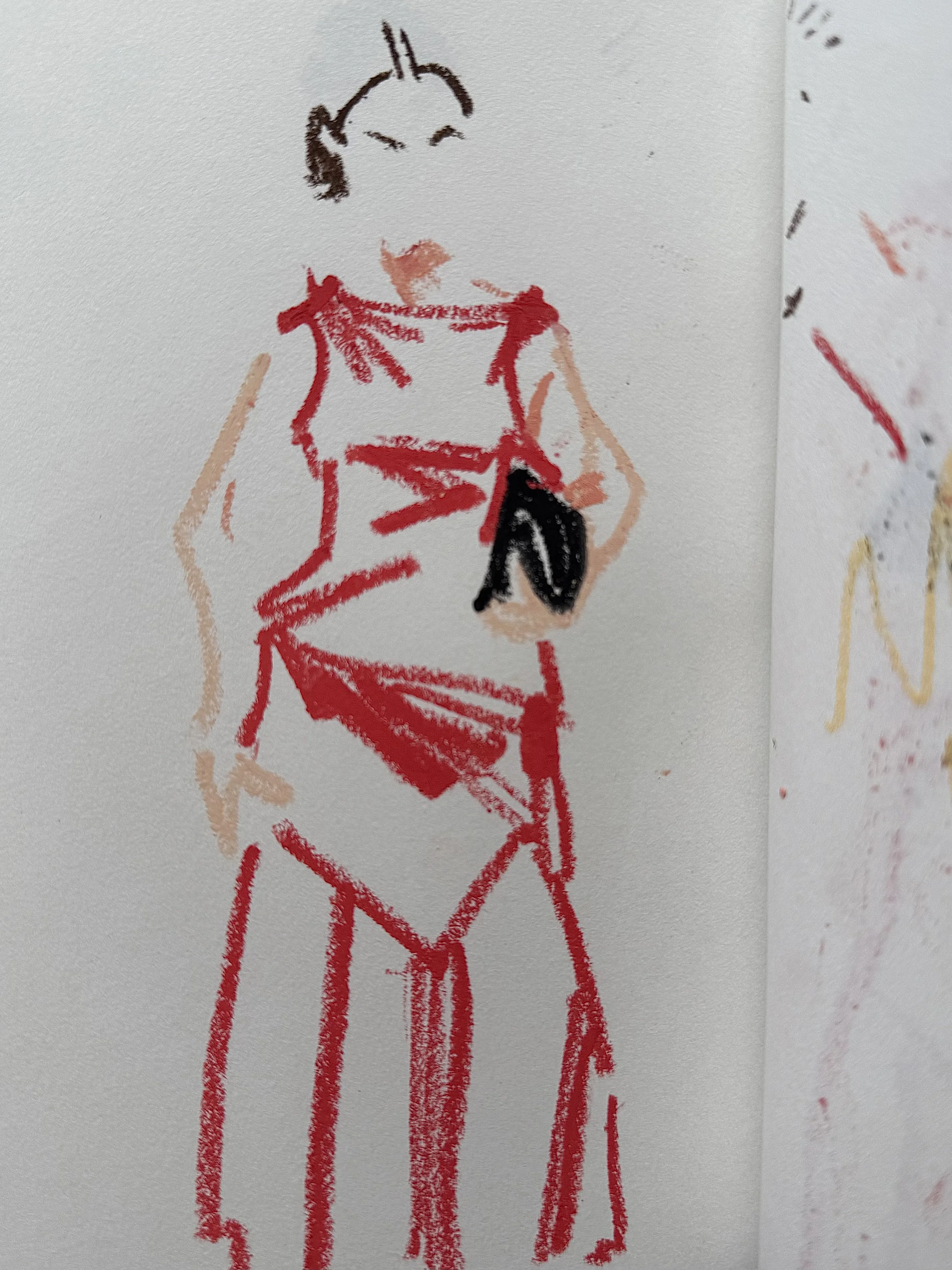 A drawing of a woman in a red dress holding a black object, with simple black and beige lines for facial features and hair, on white paper.