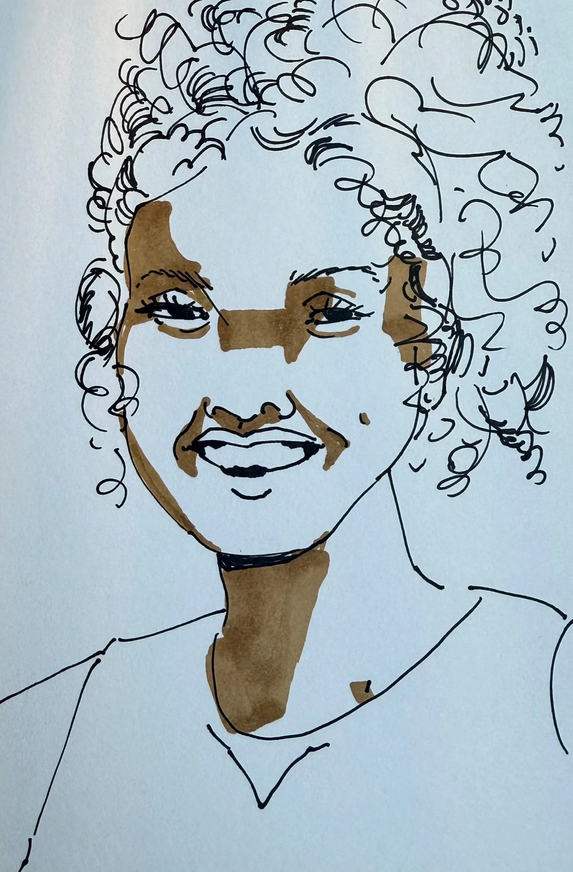 Line drawing of a smiling woman with curly hair, shaded with brown marker, wearing a top with a rounded neckline.