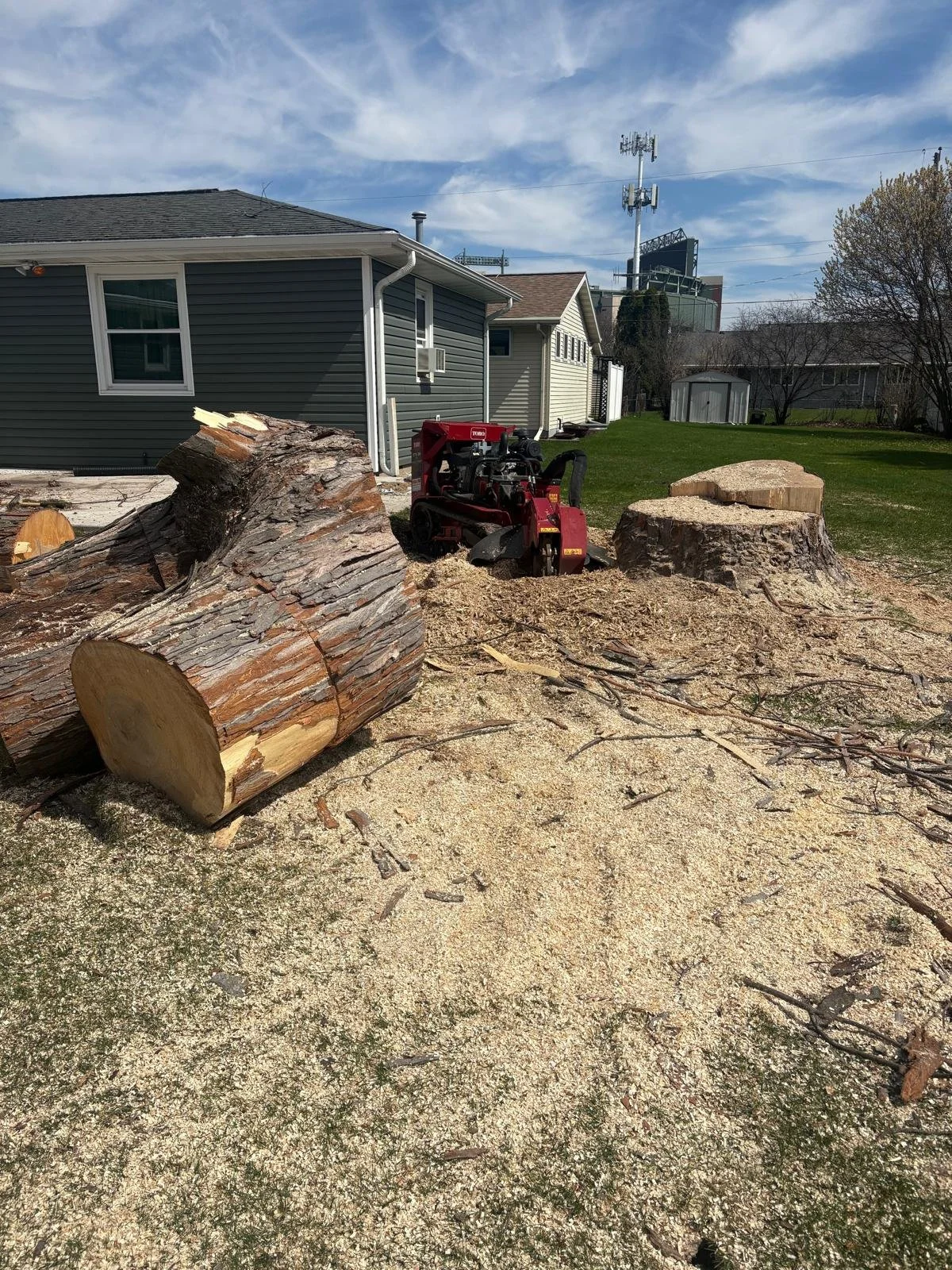Backyard scene with large tree logs, a red wood chipping machine, a house with gray siding, and a green lawn, under a blue sky with scattered clouds.