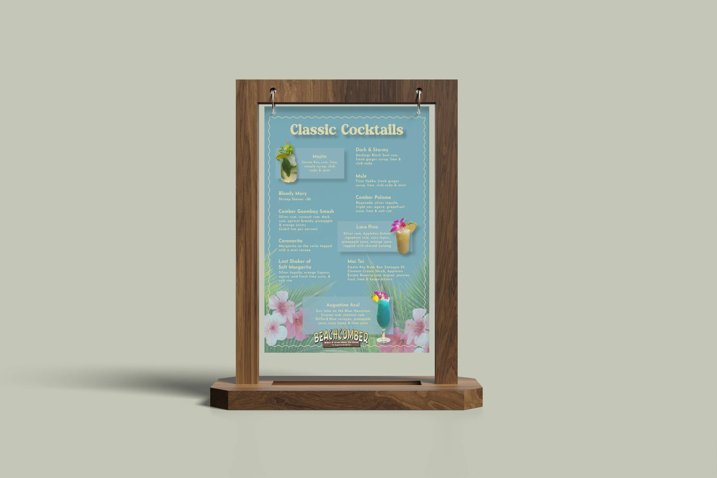 A wooden-framed outdoor menu board displaying a selection of classic cocktails with descriptions and images of drinks, set against a gray background.