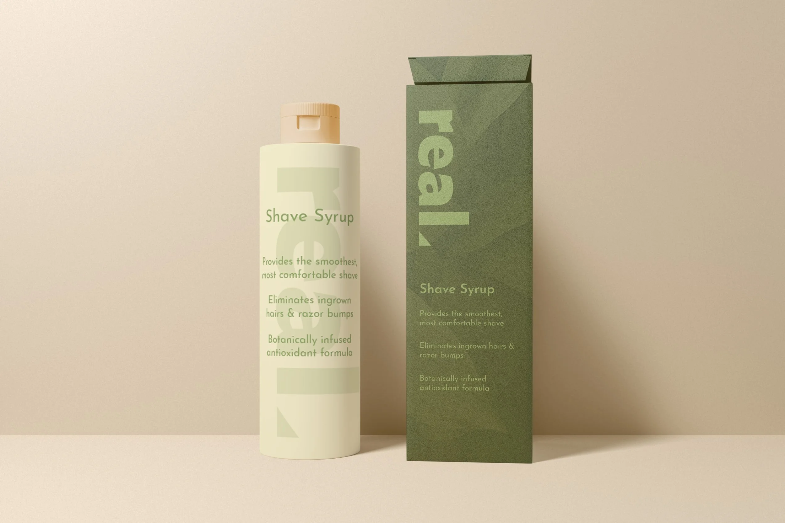 A bottle of shave syrup next to its green packaging box, both labeled with product information.