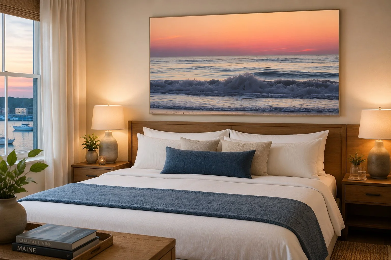 A bedroom with a large bed, white linens, and decorative pillows. Two nightstands with lamps and plants. A window with view of boats and water. A framed picture of a sunset over the ocean hangs above the bed.