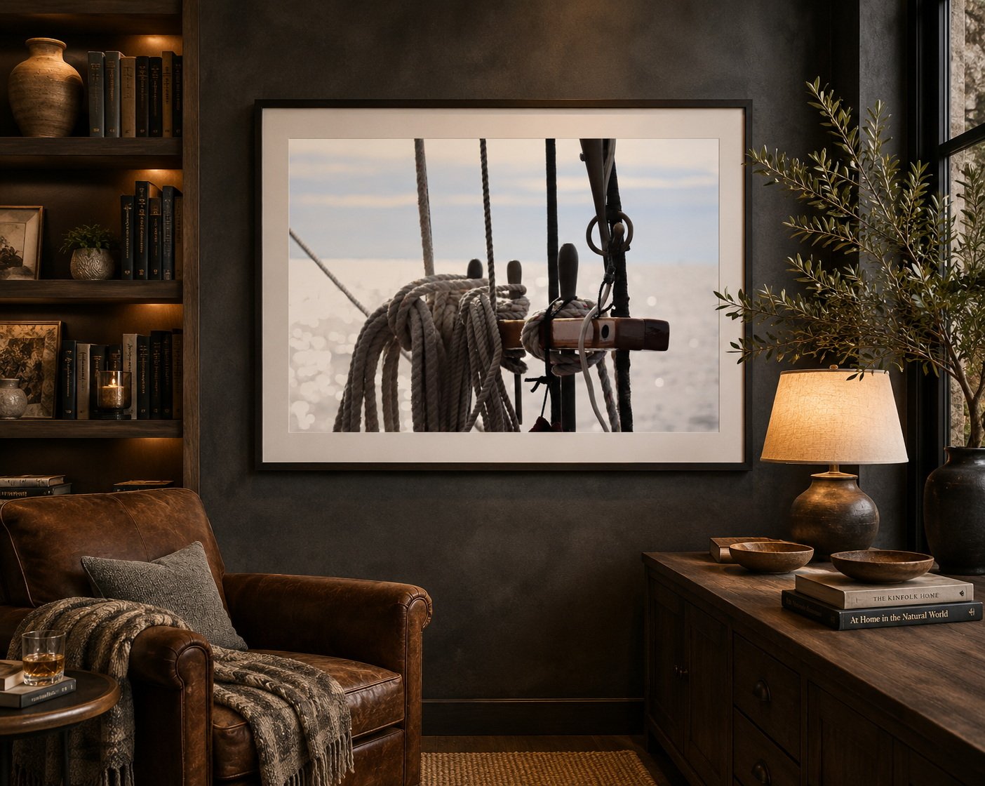 Living room featuring a framed nautical photograph of ropes and a boat mast on the wall, a leather armchair with a grey cushion, a side table with a drink, a wooden console with bowls and books, a table lamp, and a tall plant near a window.