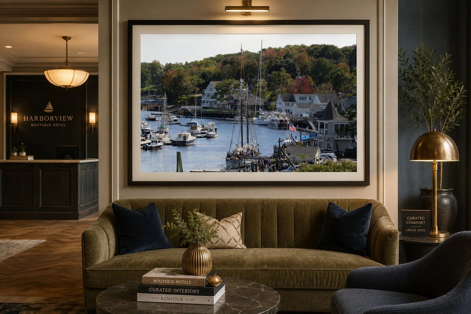 Elegant hotel lobby with a large framed photograph of a marina with boats and houses, a green velvet sofa with decorative pillows, a black marble coffee table with books and a gold vase, and a gold lamp with a potted plant, with the word 'HARBORVIEW'