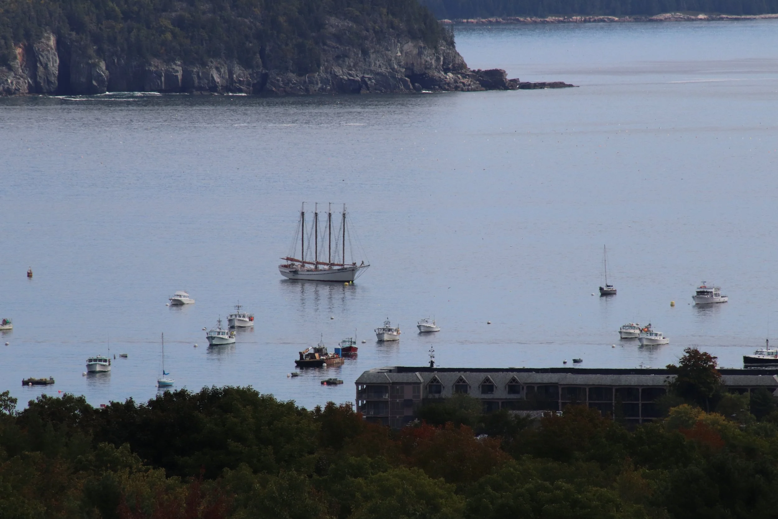 Anchored Tradition (Tall Ship in Harbor): A stately schooner rests quietly among working boats, celebrating the enduring maritime traditions that define historic coastal communities. Soft morning light, calm waters, and timeless nautical character cr