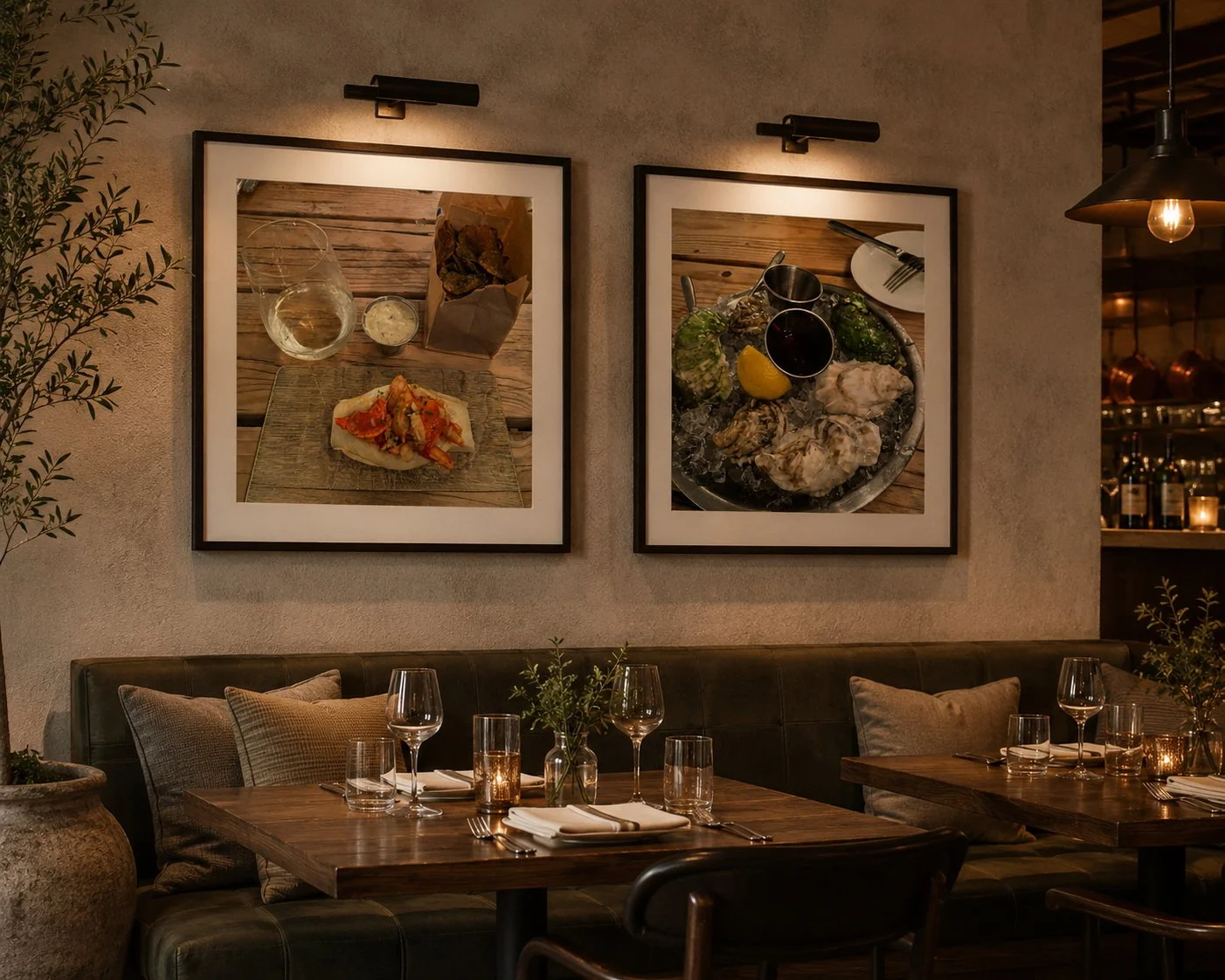 A cozy restaurant interior with a beige wall, two framed pictures of food dishes, a dark leather booth with pillows, wooden tables set with glassware, napkins, and cutlery, and small plants.