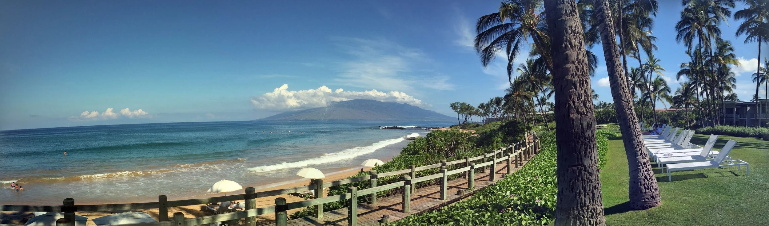 Island Horizon (Panoramic Maui Coastline): A sweeping Pacific panorama stretches from golden shoreline to distant volcanic mountains beneath expansive tropical skies. Gentle surf, lush palms, and uninterrupted ocean views create an immersive composit