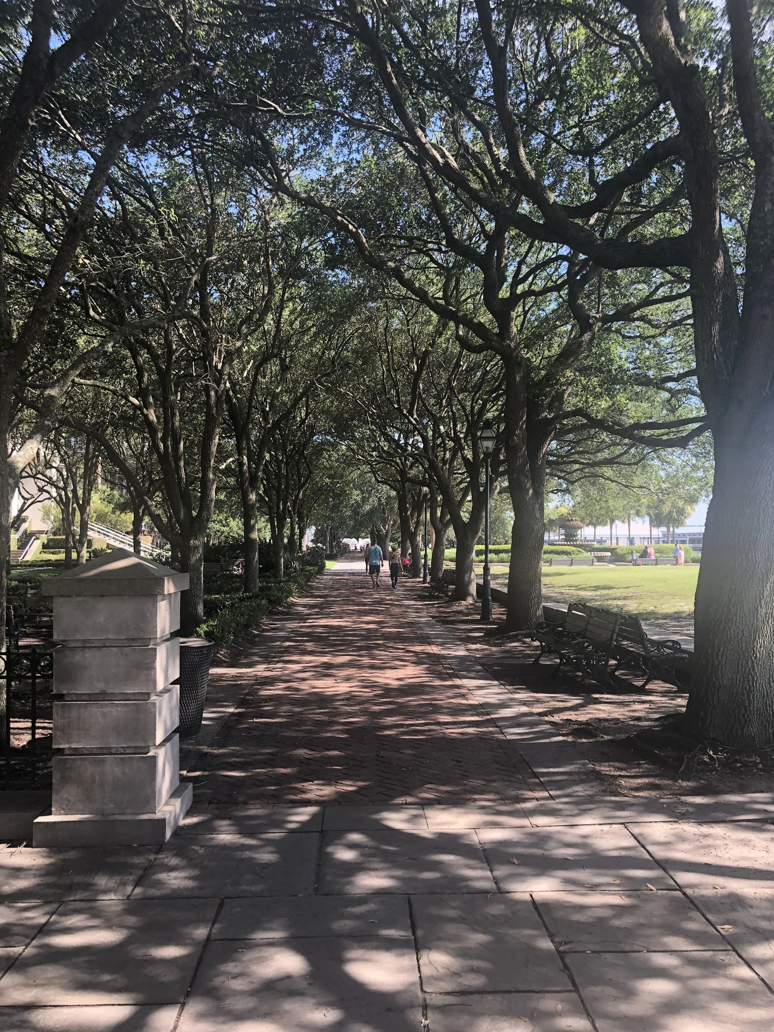 Shaded Promenade Beneath the Canopy

A quiet, tree-lined walkway unfolds beneath a canopy of mature branches, where filtered sunlight creates a mosaic of light and shadow across the brick path. The presence of distant figures adds scale without distr