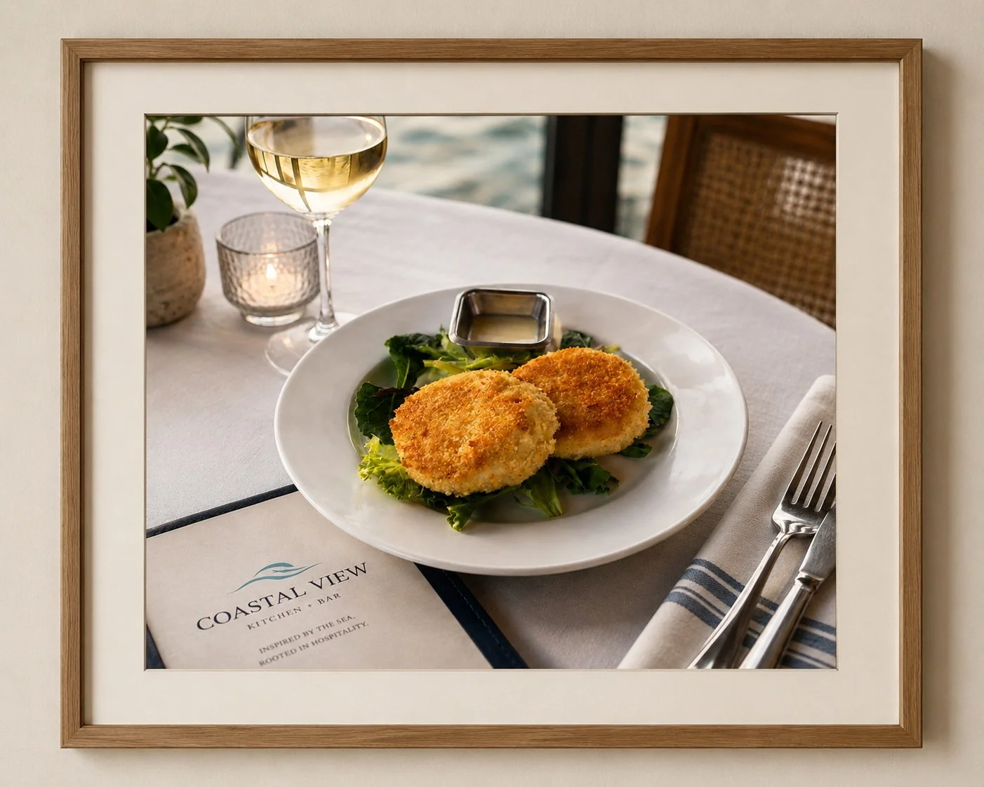 A plate with two breaded chicken or fish cakes on a bed of leafy greens, accompanied by a small metal dish of dipping sauce, on a table with a glass of white wine, a candle holder, a plant, and a napkin with silverware at a restaurant.