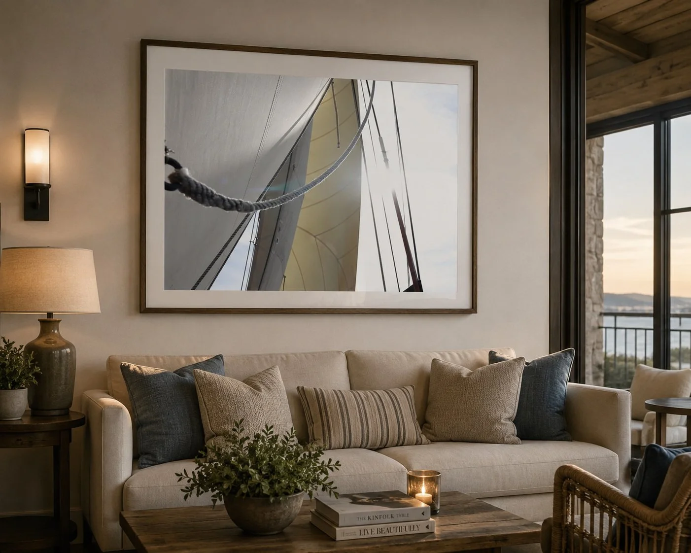 Living room with a beige sofa, throw pillows, a wooden coffee table with books, a candle, and a potted plant. There is a large framed nautical-themed print on the wall and a window with a view of a balcony and water in the background.