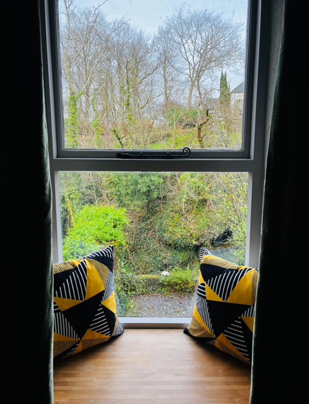 View of trees and greenery outside a window with two patterned pillows on a windowsill.