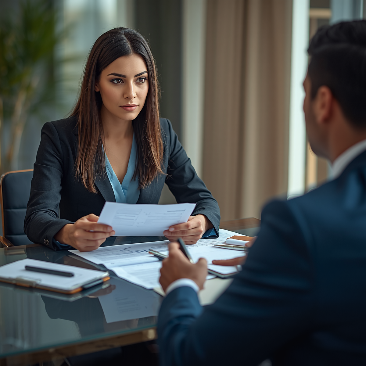 A woman in business attire holding documents during a meeting with a man in a suit across the table.