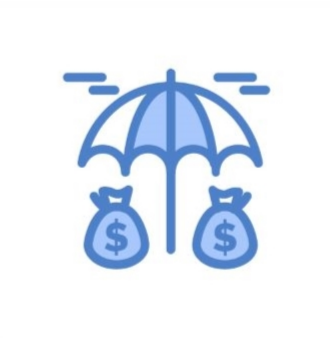 Icon of an umbrella protecting two bags of money with dollar signs.