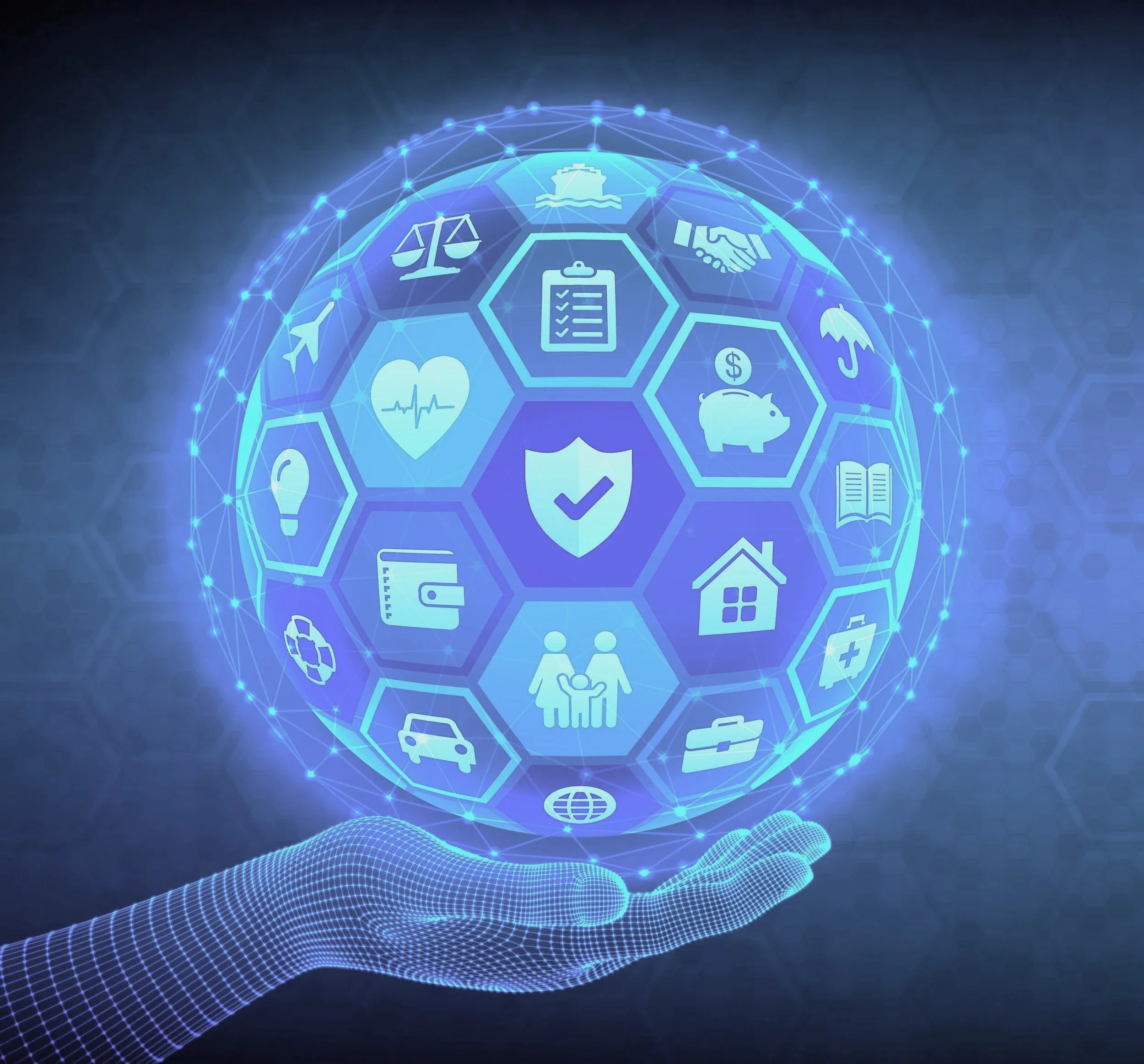 Digital illustration of a globe with various icons representing healthcare, finance, communication, and technology, connected by network lines, with a wireframe hand beneath.