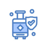 An illustration of a travel bag, a shield with a checkmark, and small bubbles, symbolizing protection.