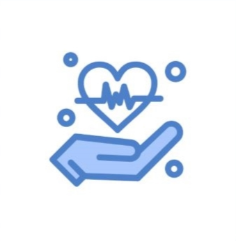 A blue illustration of a hand holding a heart with a heartbeat line inside it, surrounded by small circles.