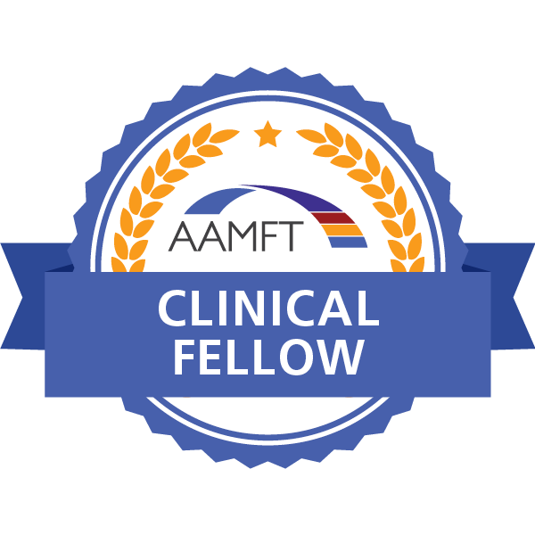 Badge with blue ribbon that says 'Clinical Fellow' and an emblem with a star, laurel wreath, and the letters 'AAMFT'.