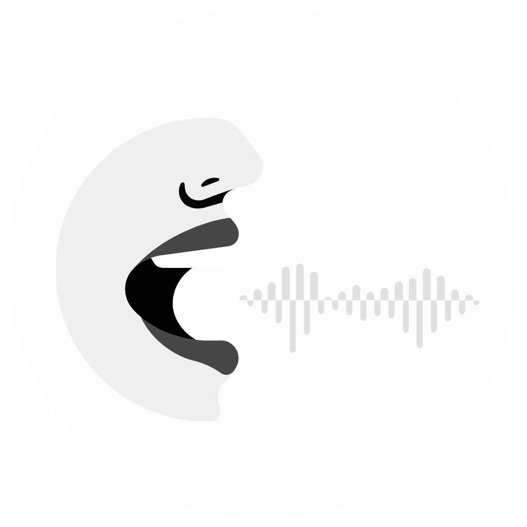 Icono de una cara que habla con ondas de sonido en un fondo blanco circular.
