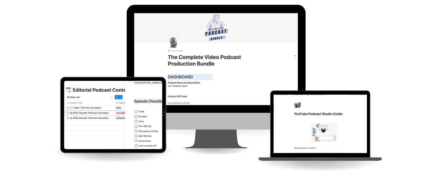 Imagen que muestra la interfaz de diferentes plataformas de edición y producción de podcasts, incluyendo un monitor con una página titulada "The Complete Video Podcast Production Bundle", una tableta con un listado de capítulos de un podcast, y una laptop con una guía de estudio para podcast en YouTube.