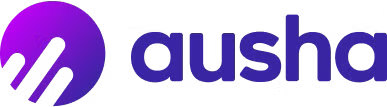 Logotipo de la compañía Ausha con un símbolo circular y texto en color morado.