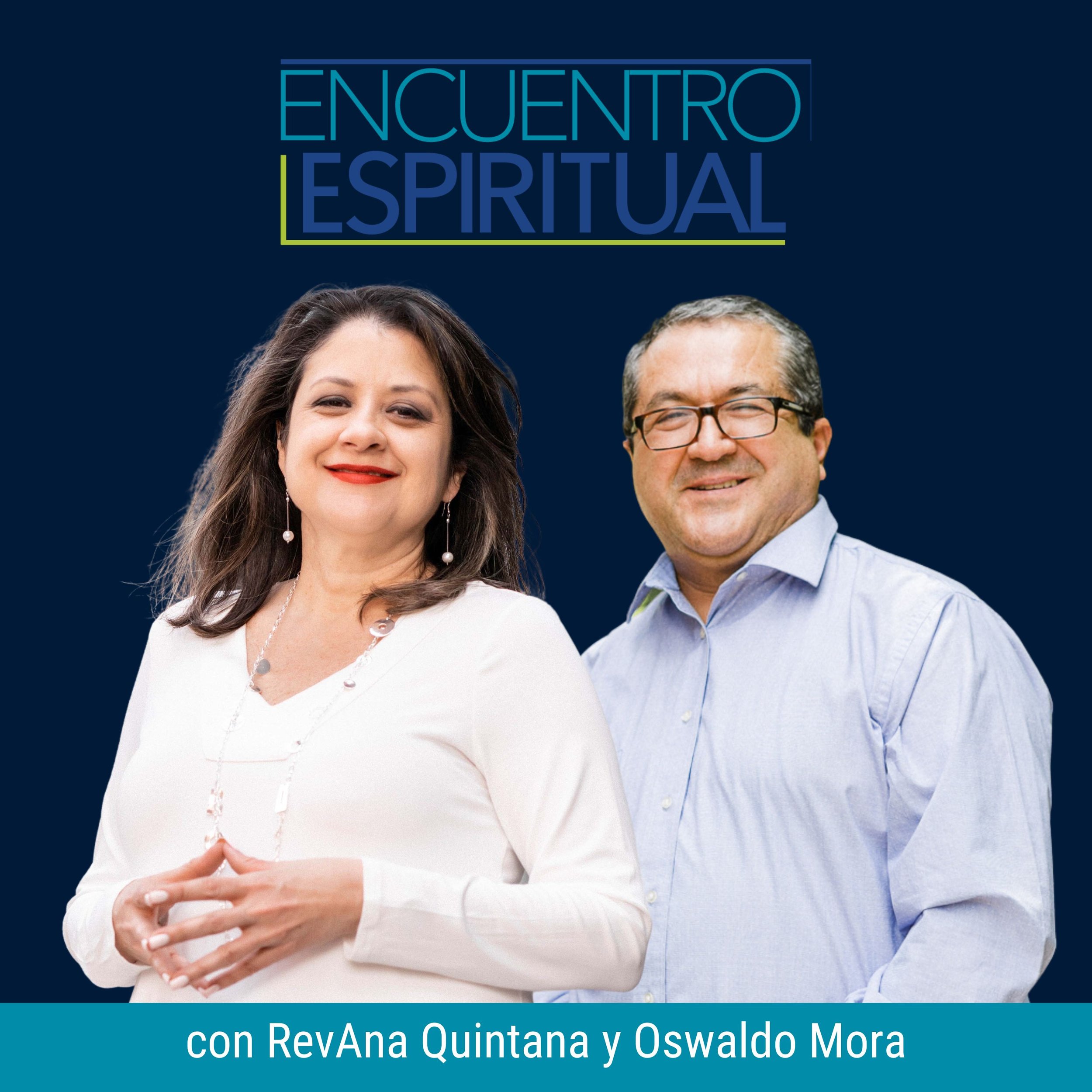 Promotional image for a spiritual encounter event featuring RevAña Quintana and Oswaldo Mora, with photos of a woman with dark hair in white and a man with glasses and gray hair in a light blue shirt, against a dark blue background with event details in Spanish.