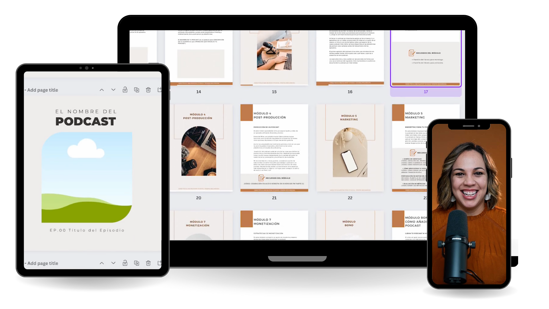 A digital setup displaying various devices: a tablet with a sample podcast cover design featuring a blue sky, clouds, and green hills; a laptop showing a presentation slide deck with multiple slide thumbnails; and a smartphone with a woman speaking into a microphone, smiling and wearing an orange top.