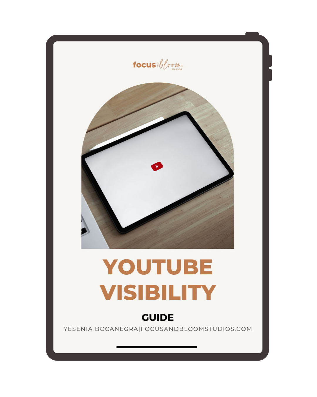 Cover of a guide titled 'YouTube Visibility' with a tablet showing the YouTube logo on a wooden surface.