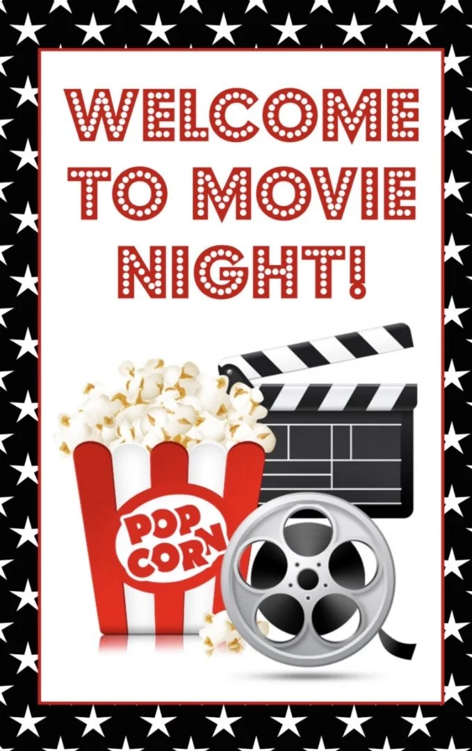 A sign with a black star-studded border and red text that reads 'Welcome to Movie Night!' includes images of a popcorn container, a clapperboard, and a film reel.