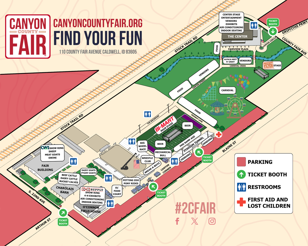 Canyon County Fairgrounds map — The Center is at the north end; parking areas shaded in red