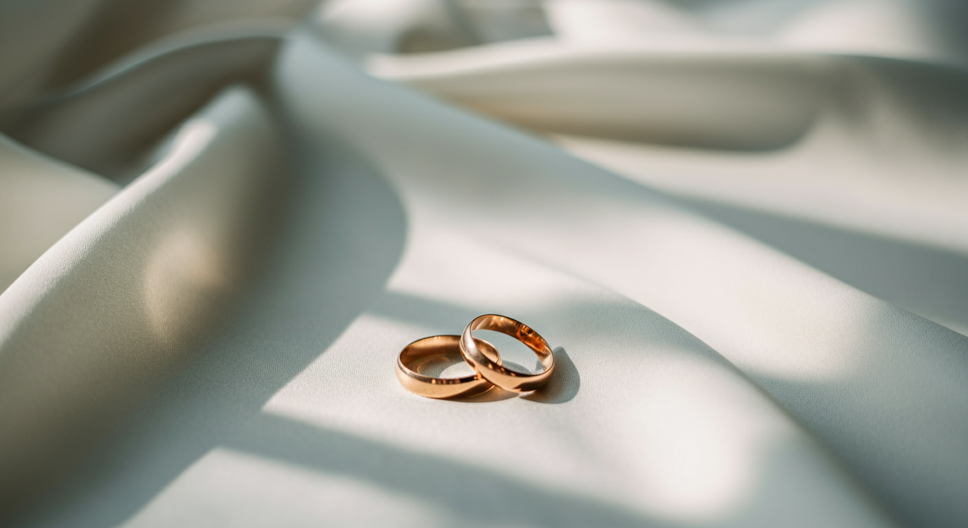 Two gold wedding rings resting on smooth, light-colored fabric with soft shadows and gentle folds with written text overlay: 'Your Ceremony Starts Here'